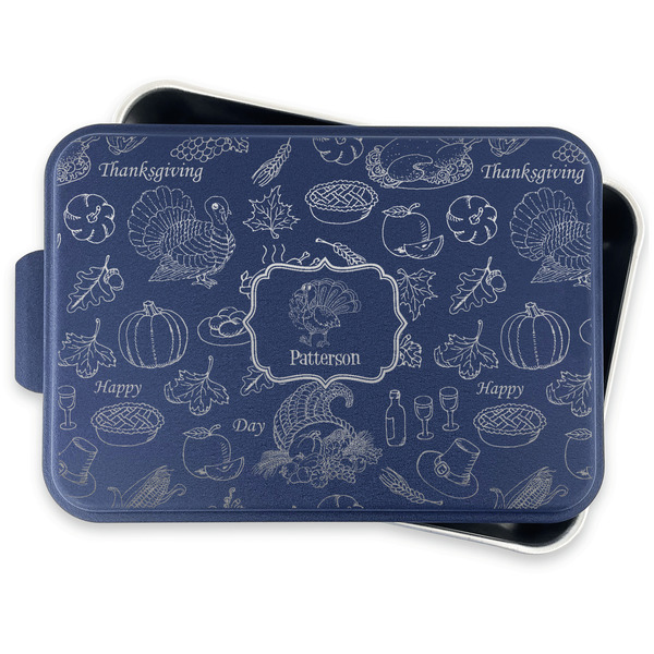 Traditional Thanksgiving Aluminum Baking Pan - Navy Lid - FRONT w/lid off