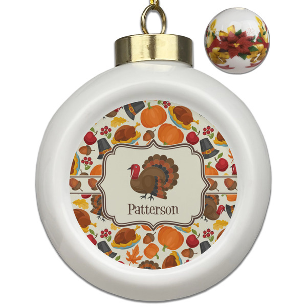 Custom Traditional Thanksgiving Ceramic Ball Ornaments - Poinsettia Garland (Personalized)