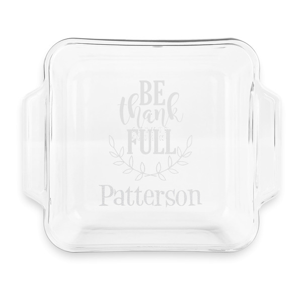 Custom Traditional Thanksgiving Glass Cake Dish with Truefit Lid - 8in x 8in (Personalized)