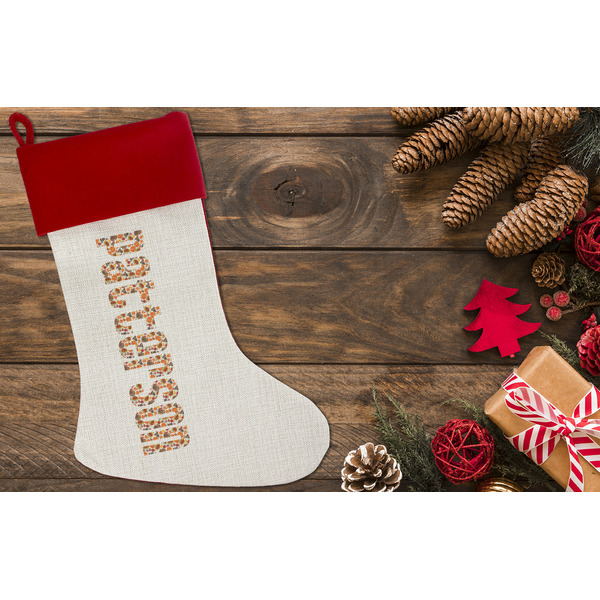 Traditional Thanksgiving Linen Stocking w/Red Cuff - Flat Lay (LIFESTYLE)