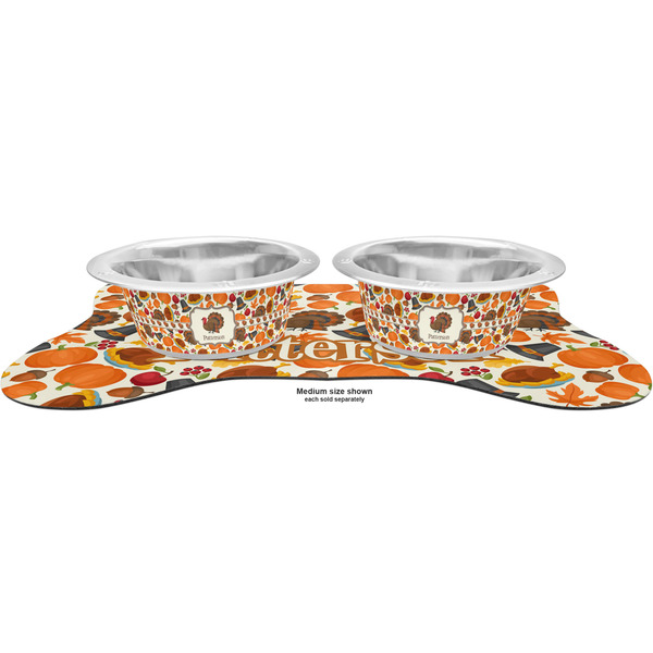 Traditional Thanksgiving Metal Pet Bowls - On Dog Bone Shaped Mat