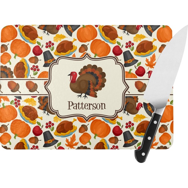 Custom Traditional Thanksgiving Rectangular Glass Cutting Board - Large - 15.25"x11.25" w/ Name or Text