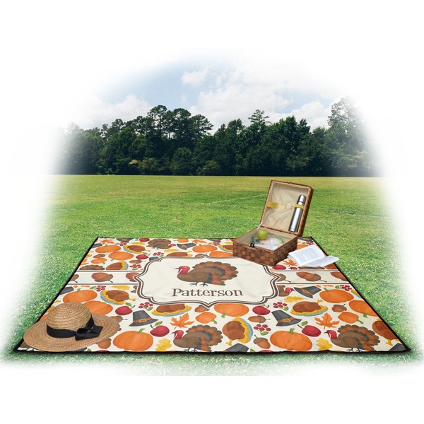 Traditional Thanksgiving Picnic Blanket - with Basket Hat and Book - in Use