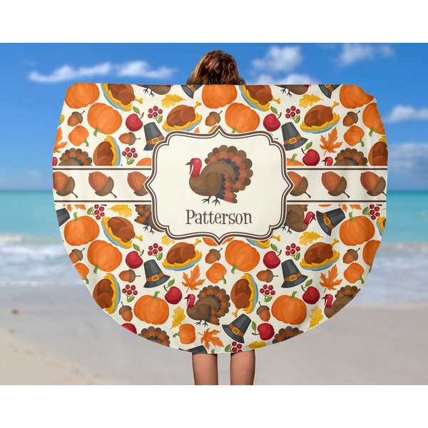 Traditional Thanksgiving Round Beach Towel - In Use