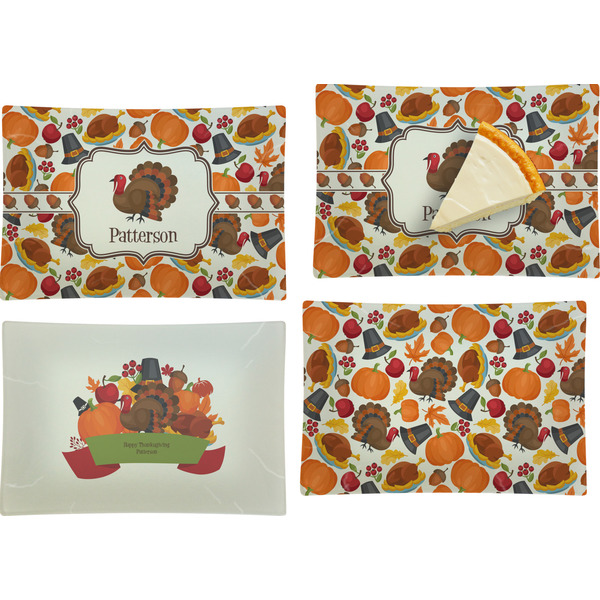 Custom Traditional Thanksgiving Set of 4 Glass Rectangular Appetizer / Dessert Plate (Personalized)