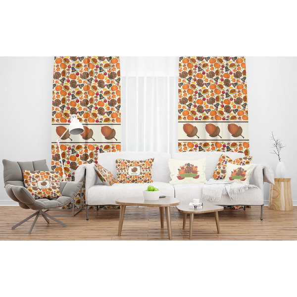 Traditional Thanksgiving Sheer and Custom Curtains in Room with Matching Pillows