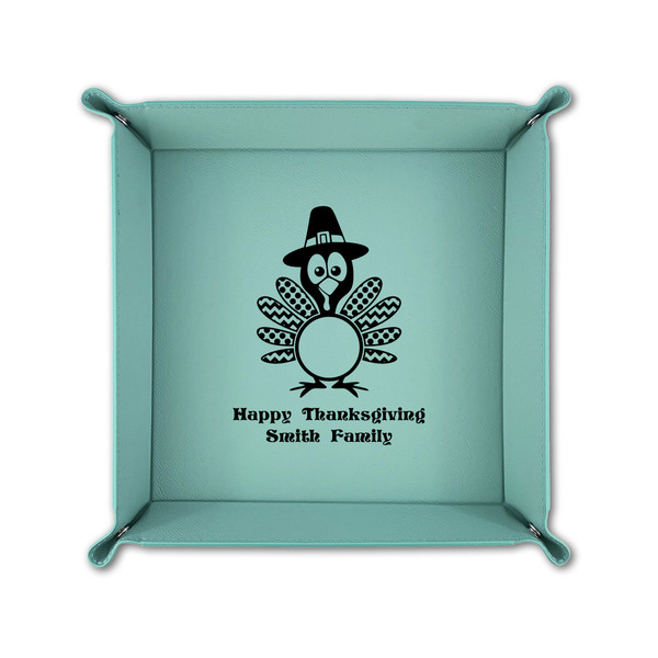 Happy Thanksgiving 6" x 6" Teal Leatherette Snap Up Tray - FOLDED UP