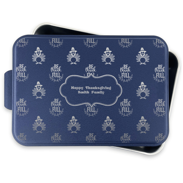 Happy Thanksgiving Aluminum Baking Pan - Navy Lid - FRONT w/lid off