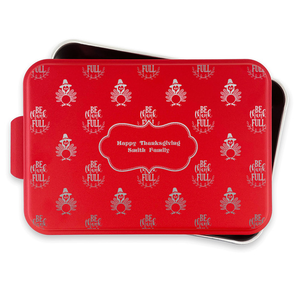 Happy Thanksgiving Aluminum Baking Pan - Red Lid - FRONT w/lif off