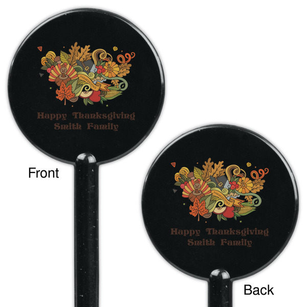 Happy Thanksgiving Black Plastic 5.5" Stir Stick - Double Sided - Round - Front & Back