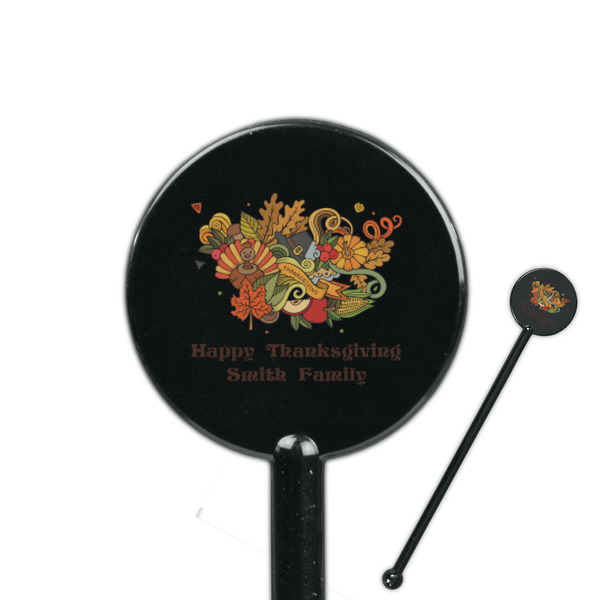 Custom Happy Thanksgiving 5.5" Round Plastic Stir Sticks - Black - Single Sided (Personalized)