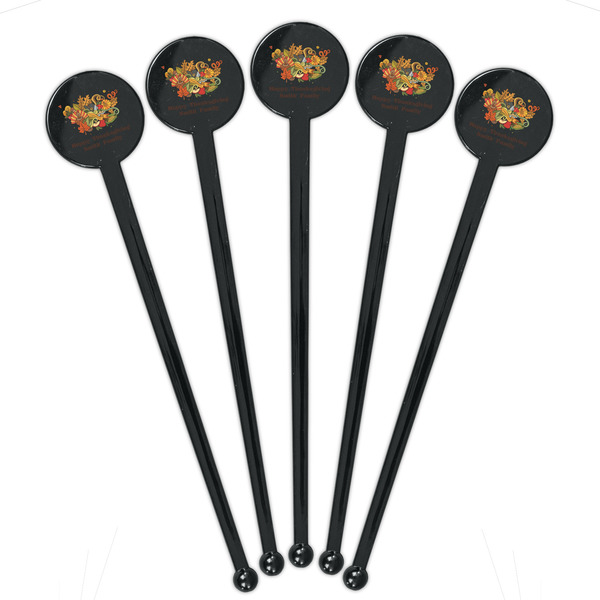 Happy Thanksgiving Black Plastic 7" Stir Stick - Round - Fan View