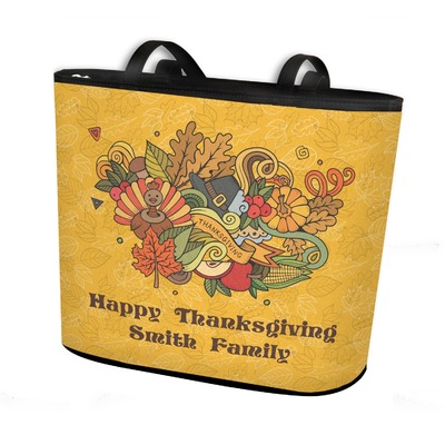 Happy Thanksgiving Bucket Tote w/ Genuine Leather Trim (Personalized)