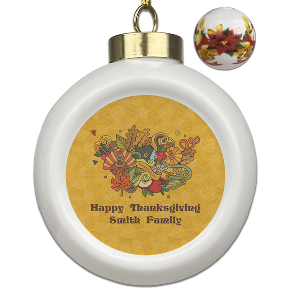 Custom Happy Thanksgiving Ceramic Ball Ornaments - Poinsettia Garland (Personalized)
