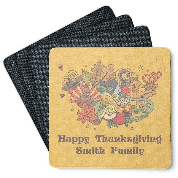 Custom Happy Thanksgiving Square Rubber Backed Coasters - Set of 4 (Personalized)