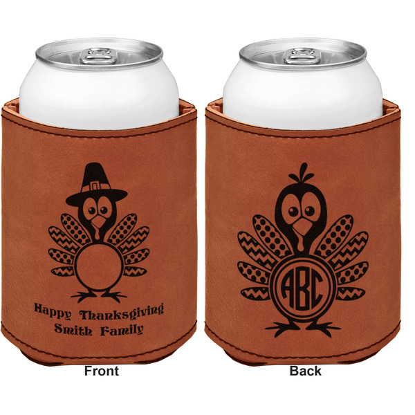 Happy Thanksgiving Cognac Leatherette Can Sleeve - Double Sided Front and Back