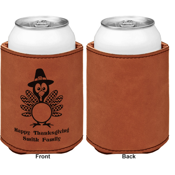 Happy Thanksgiving Cognac Leatherette Can Sleeve - Single Sided Front and Back