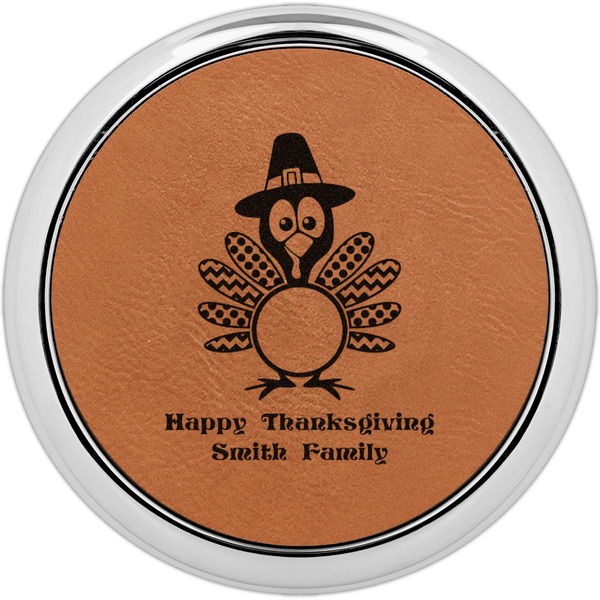 Custom Happy Thanksgiving Leatherette Round Coaster w/ Silver Edge (Personalized)