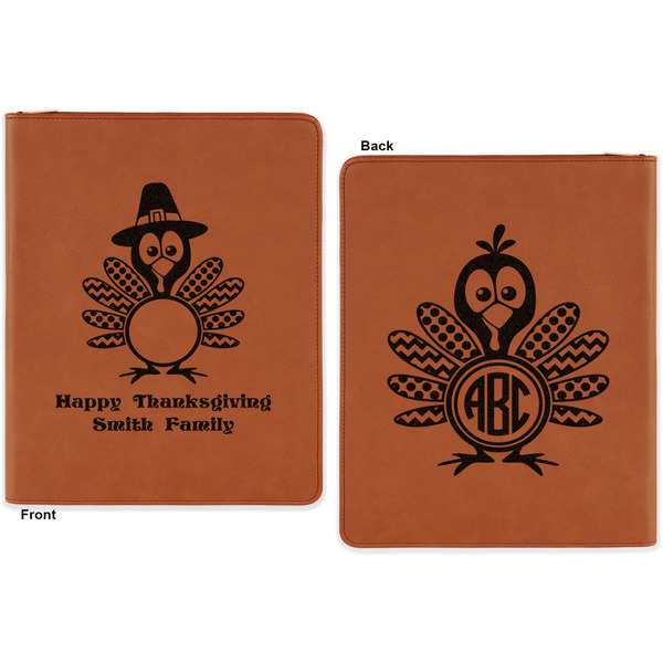 Happy Thanksgiving Cognac Leatherette Zipper Portfolios with Notepad - Double Sided - Apvl