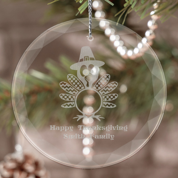 Custom Happy Thanksgiving Engraved Glass Ornament (Personalized)