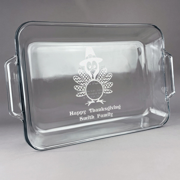 Custom Happy Thanksgiving Glass Baking Dish with Truefit Lid - 13in x 9in (Personalized)