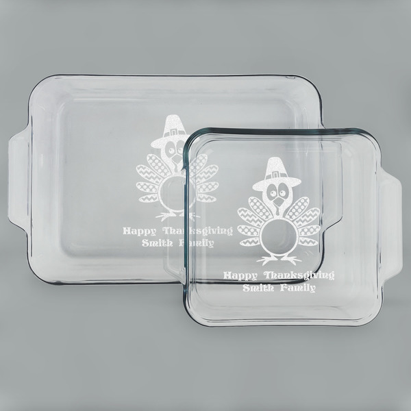Custom Happy Thanksgiving Set of Glass Baking & Cake Dish - 13in x 9in & 8in x 8in (Personalized)