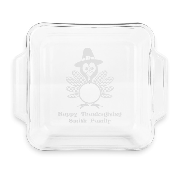 Custom Happy Thanksgiving Glass Cake Dish with Truefit Lid - 8in x 8in (Personalized)