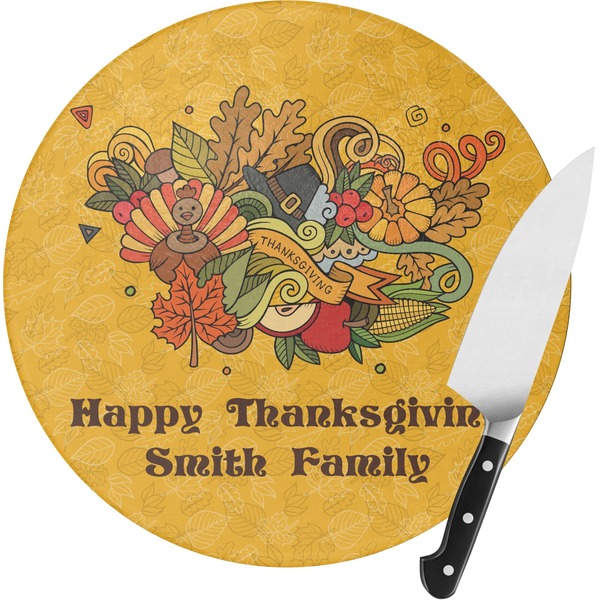 Custom Happy Thanksgiving Round Glass Cutting Board - Medium (Personalized)