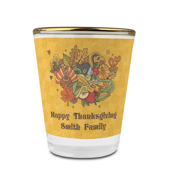 Custom Happy Thanksgiving Glass Shot Glass - 1.5 oz - with Gold Rim - Set of 4 (Personalized)