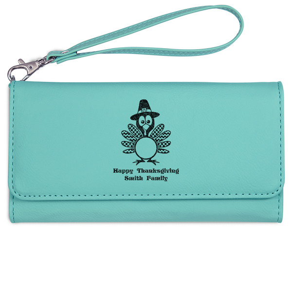 Custom Happy Thanksgiving Ladies Leatherette Wallet - Laser Engraved- Teal (Personalized)