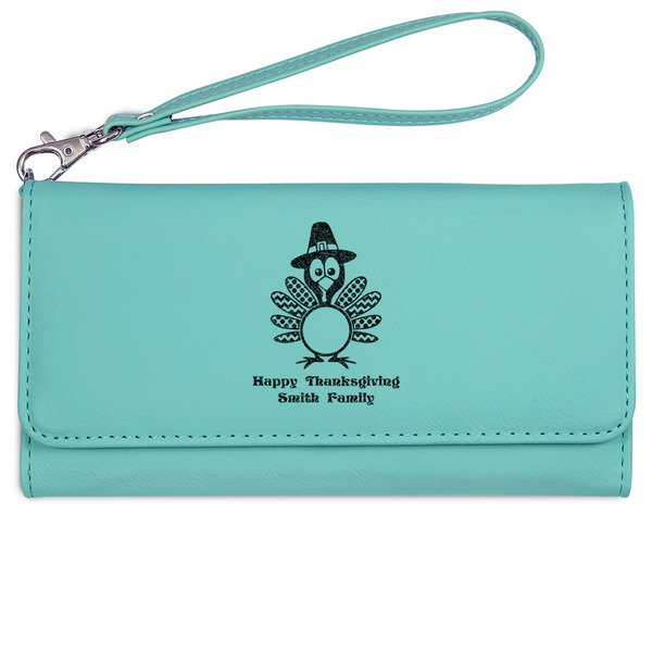 Happy Thanksgiving Ladies Wallet - Leather - Teal - Front View