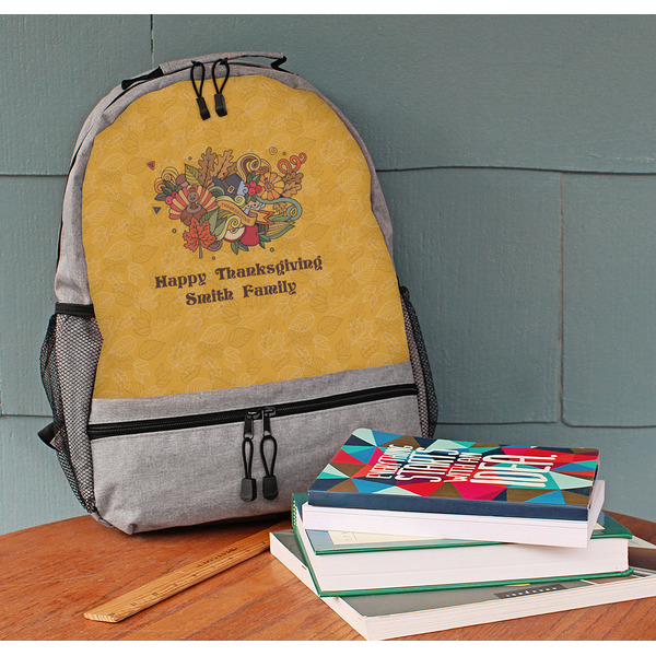 Happy Thanksgiving Large Backpack - Gray - On Desk