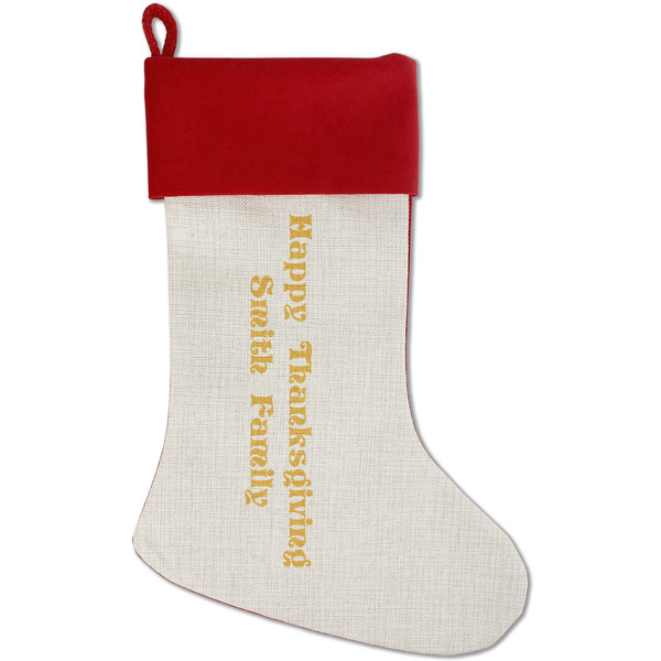 Custom Happy Thanksgiving Red Linen Stocking (Personalized)