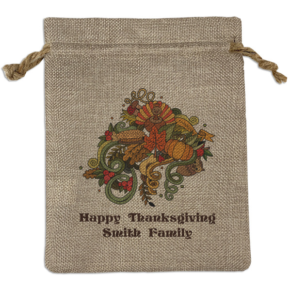 Custom Happy Thanksgiving Medium Burlap Gift Bag - Front (Personalized)