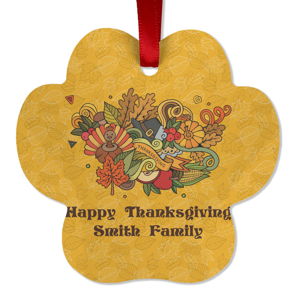 Custom Happy Thanksgiving Metal Paw Ornament - Double Sided w/ Name or Text