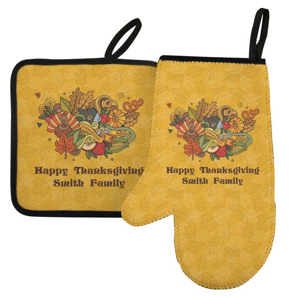 Custom Happy Thanksgiving Left Oven Mitt & Pot Holder Set w/ Name or Text
