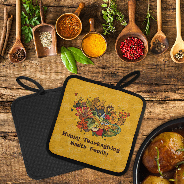 Happy Thanksgiving Neoprene Pot Holder - Set of 2  LIFESTYLE (Flatlay)