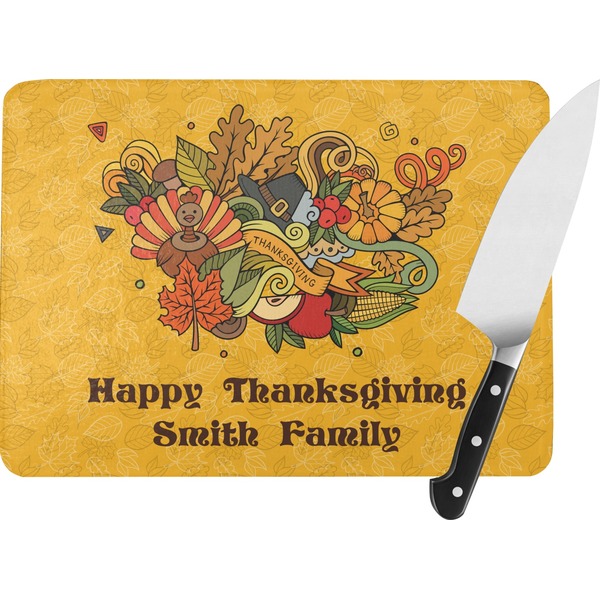 Custom Happy Thanksgiving Rectangular Glass Cutting Board - Large - 15.25"x11.25" w/ Name or Text