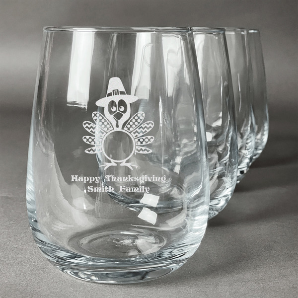 Custom Happy Thanksgiving Stemless Wine Glasses (Set of 4) (Personalized)