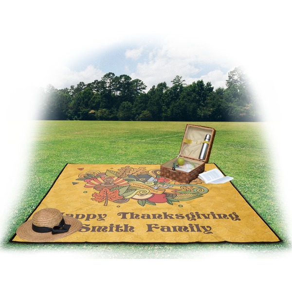 Happy Thanksgiving Picnic Blanket - with Basket Hat and Book - in Use