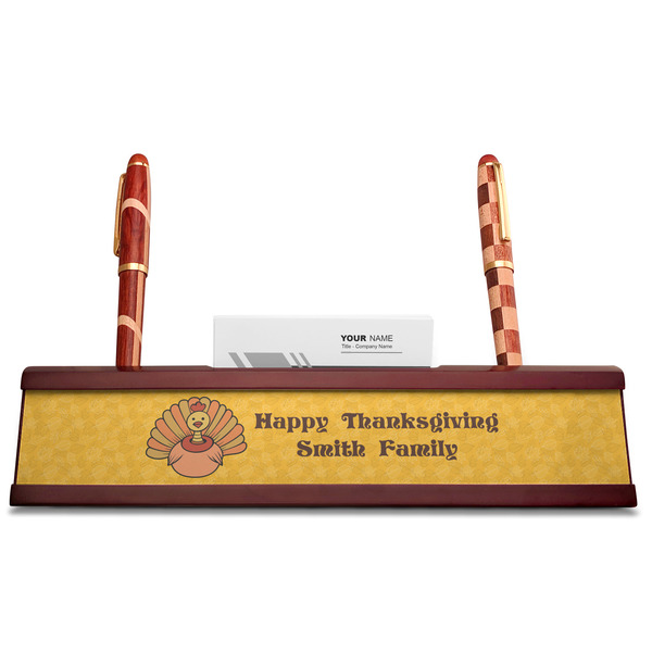 Happy Thanksgiving Red Mahogany Nameplates with Business Card Holder - Straight