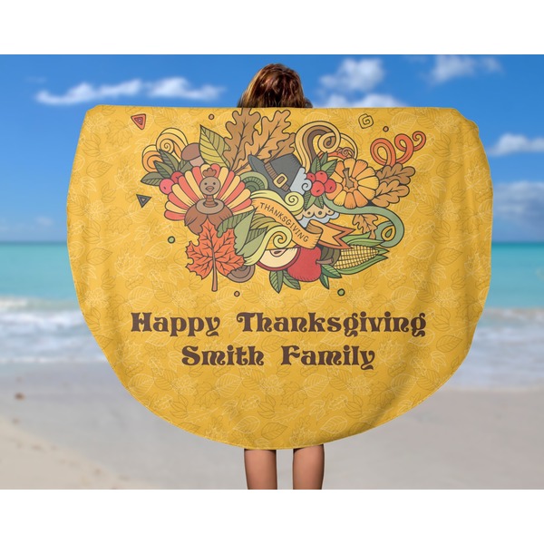 Happy Thanksgiving Round Beach Towel - In Use