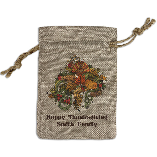 Custom Happy Thanksgiving Small Burlap Gift Bag - Front (Personalized)
