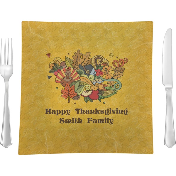 Custom Happy Thanksgiving Glass Square Lunch / Dinner Plate 9.5" (Personalized)