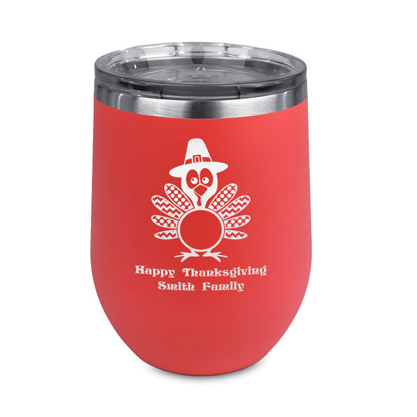 Custom Happy Thanksgiving Stemless Stainless Steel Wine Tumbler - Coral - Double Sided (Personalized)