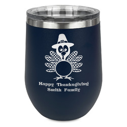 Happy Thanksgiving Stemless Stainless Steel Wine Tumbler - Navy - Double Sided (Personalized)