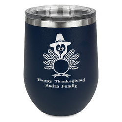 Happy Thanksgiving Stemless Stainless Steel Wine Tumbler - Navy - Single Sided (Personalized)
