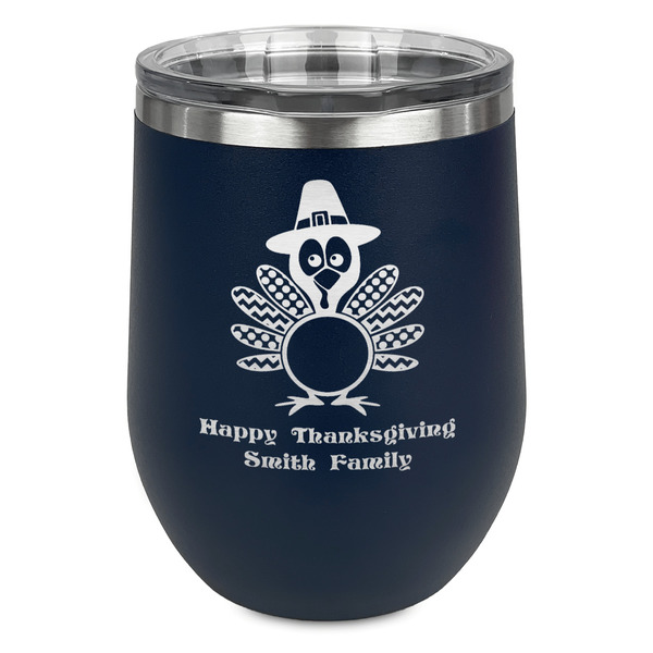 Custom Happy Thanksgiving Stemless Stainless Steel Wine Tumbler - Navy - Single Sided (Personalized)