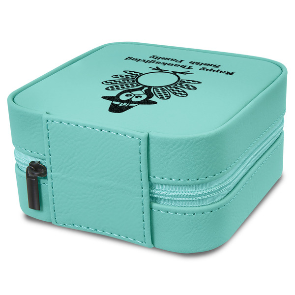Happy Thanksgiving Travel Jewelry Boxes - Leather - Teal - View from Rear