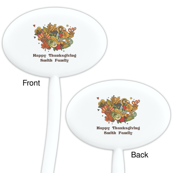 Happy Thanksgiving White Plastic 7" Stir Stick - Double Sided - Oval - Front & Back